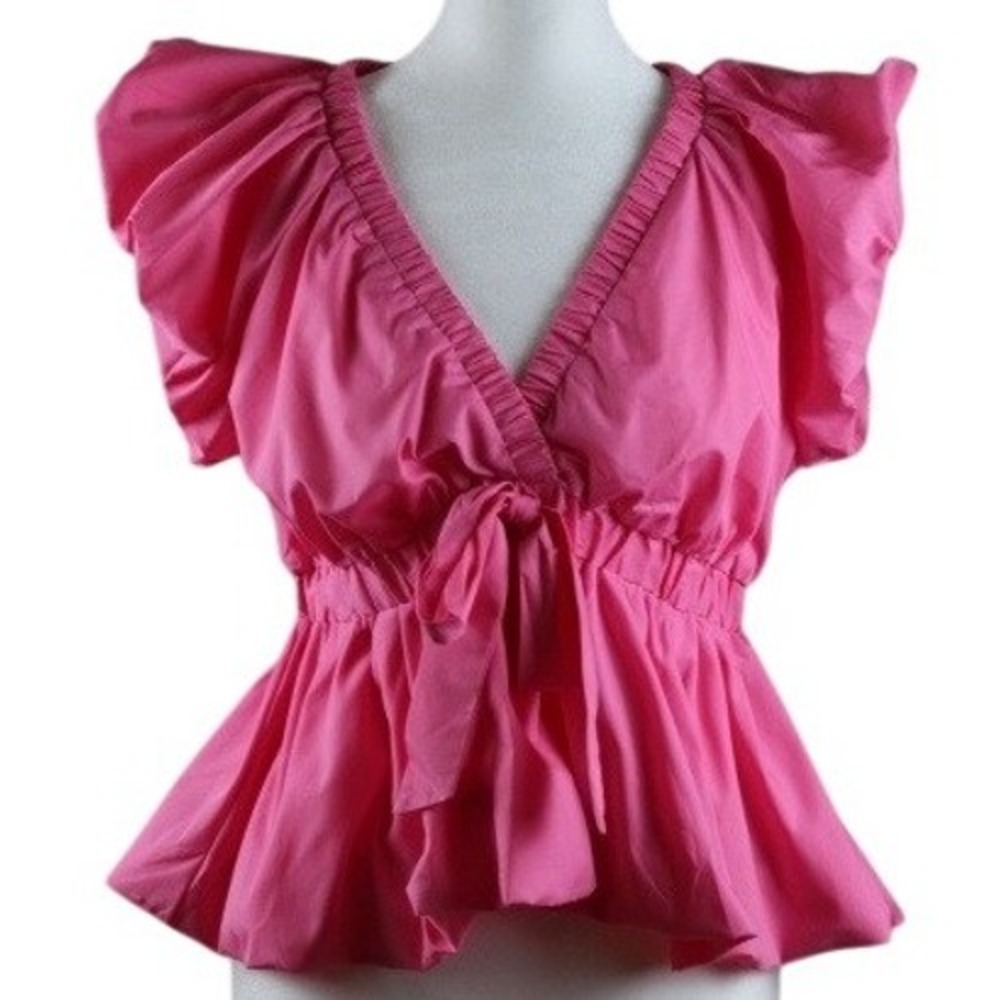 Pink Ruffle Cap Sleeve Peplum Top V-Neck Tie Front Elastic Waist Medium